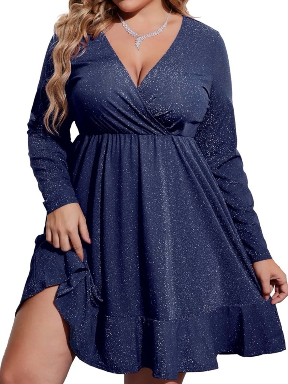 In’Voland Navy Sparkle Faux-Wrap Midi Dress